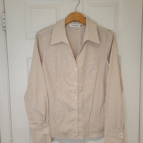 CALVIN KLEIN Blouse Tan & White Stripes - Picture 6 of 10